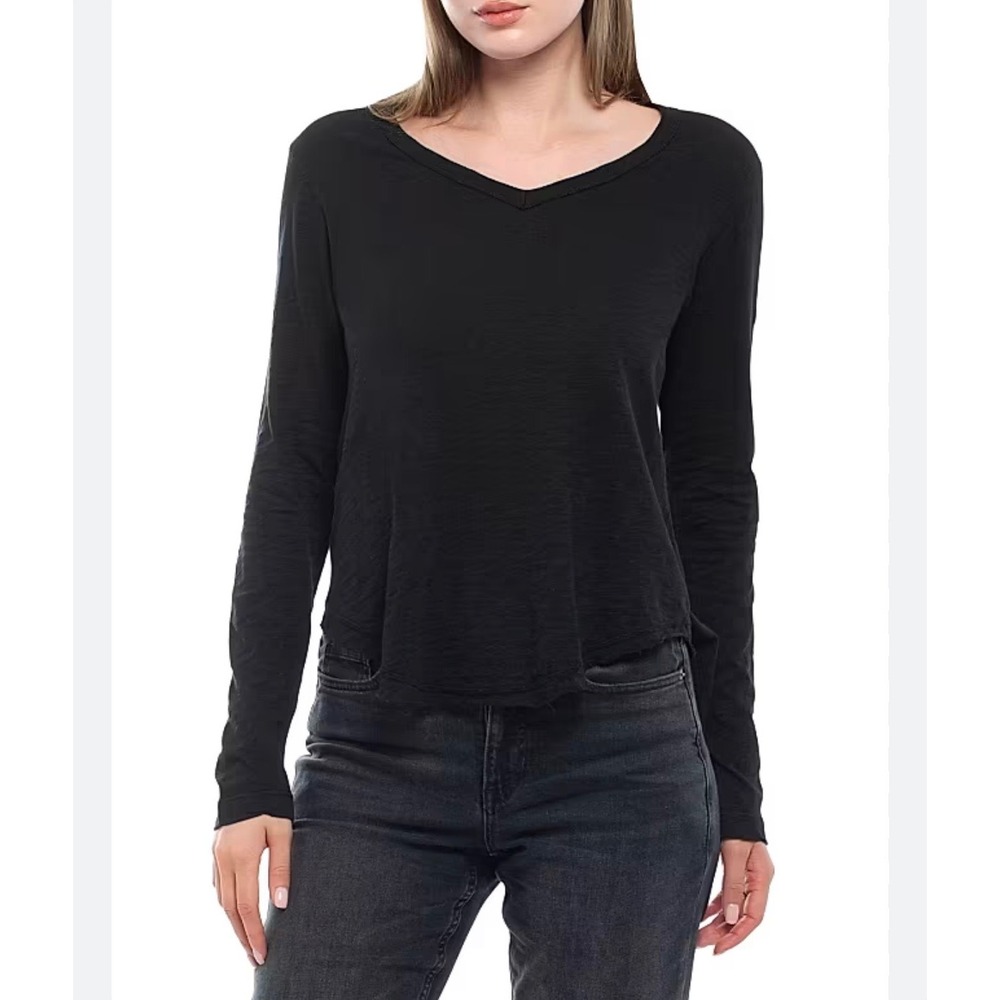 Wilt Long Sleeve V-Neck Raw‎ Hem Shirttail Top Women L Black Slub Knit Made USA